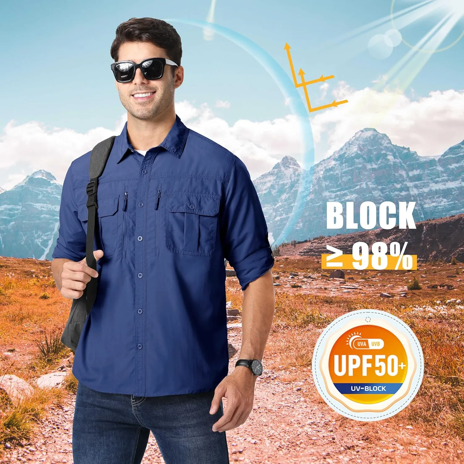 MAGCOMSEN Men's UPF 50  Sun Protection Shirts, Button Down Long Sleeve Shirt for Hiking, Fishing, Safari