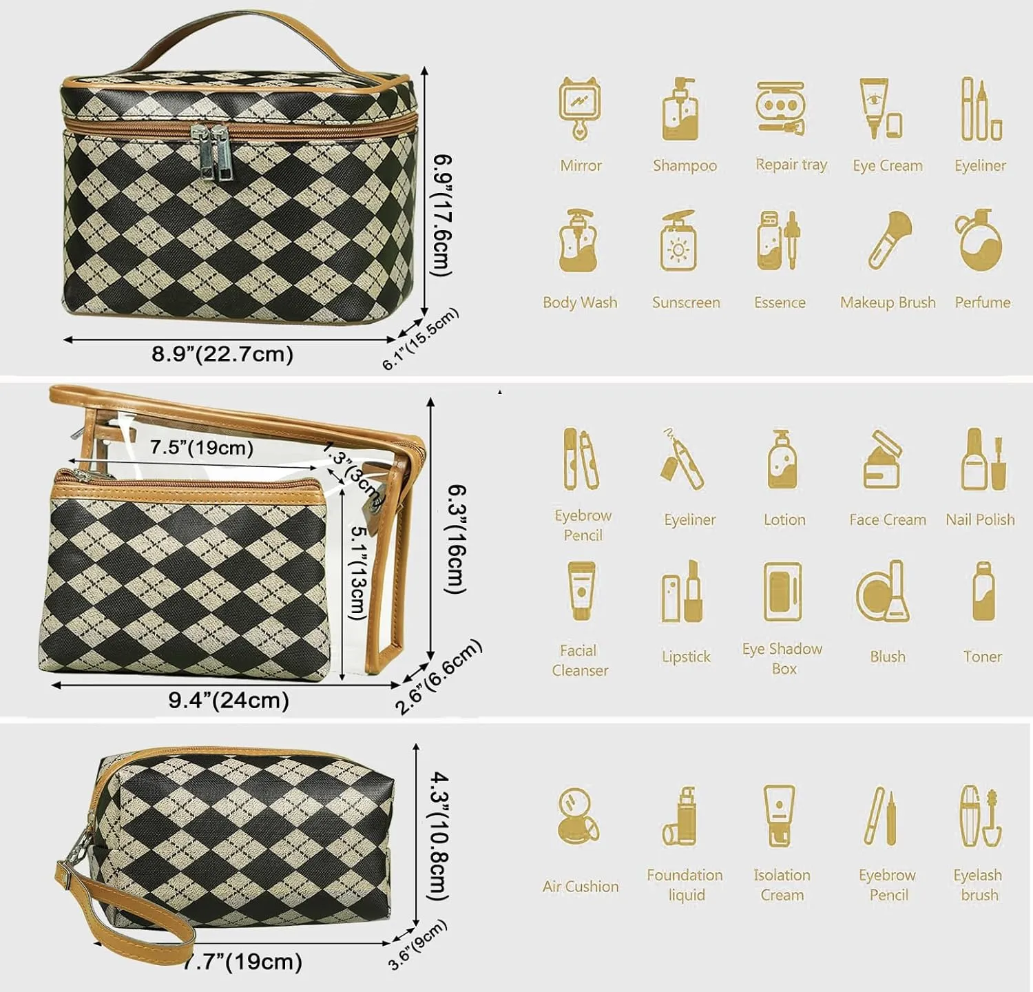 Makeup Bag 4 Pcs Waterproof Cosmetic Bag Set Portable Travel Cosmetic Bag Multifunction Organizer Storage Bag Toiletry Bag forWomen and Girls (BROWN)
