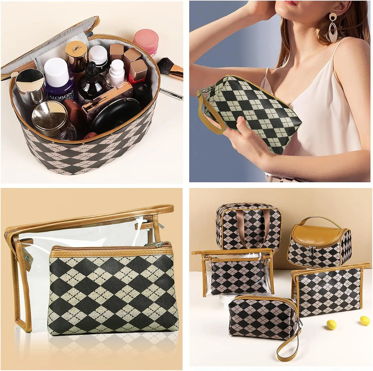 Makeup Bag 4 Pcs Waterproof Cosmetic Bag Set Portable Travel Cosmetic Bag Multifunction Organizer Storage Bag Toiletry Bag forWomen and Girls (BROWN)