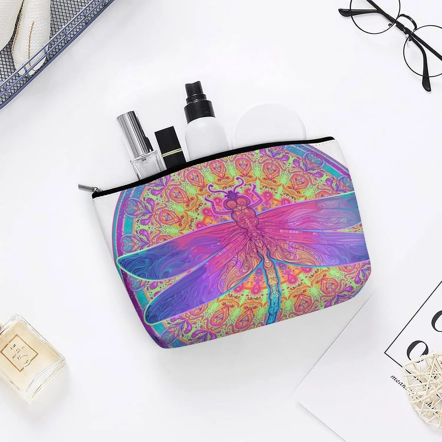 Mandala Pattern Large Capacity Cosmetic Bags for Women, Dragonfly Personalised Travel Makeup Bag,Waterproof Scratch Resistant Travel Toiletry Bag