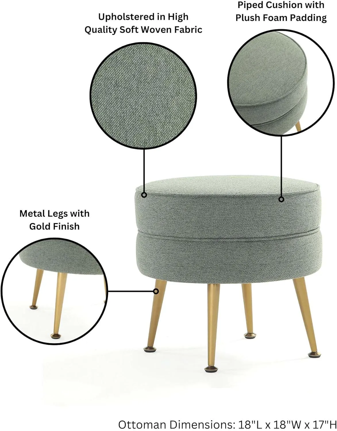 Manhattan Comfort Bailey Mid-Century Modern Round Ottoman - Durable Woven Polyester Blend Upholstery, Stylish Gold Stainless Steel Legs - Easy Assembly, Perfect for Living Room, Sage Green
