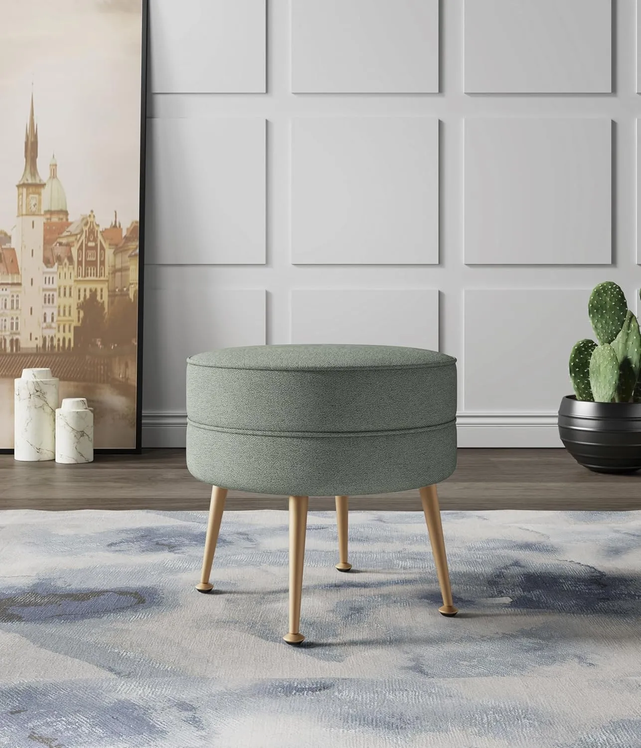 Manhattan Comfort Bailey Mid-Century Modern Round Ottoman - Durable Woven Polyester Blend Upholstery, Stylish Gold Stainless Steel Legs - Easy Assembly, Perfect for Living Room, Sage Green