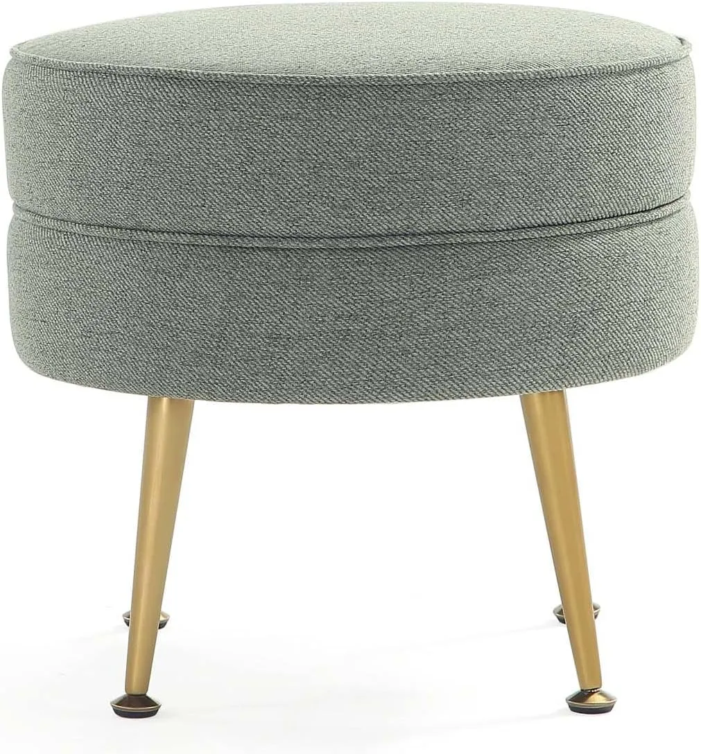 Manhattan Comfort Bailey Mid-Century Modern Round Ottoman - Durable Woven Polyester Blend Upholstery, Stylish Gold Stainless Steel Legs - Easy Assembly, Perfect for Living Room, Sage Green