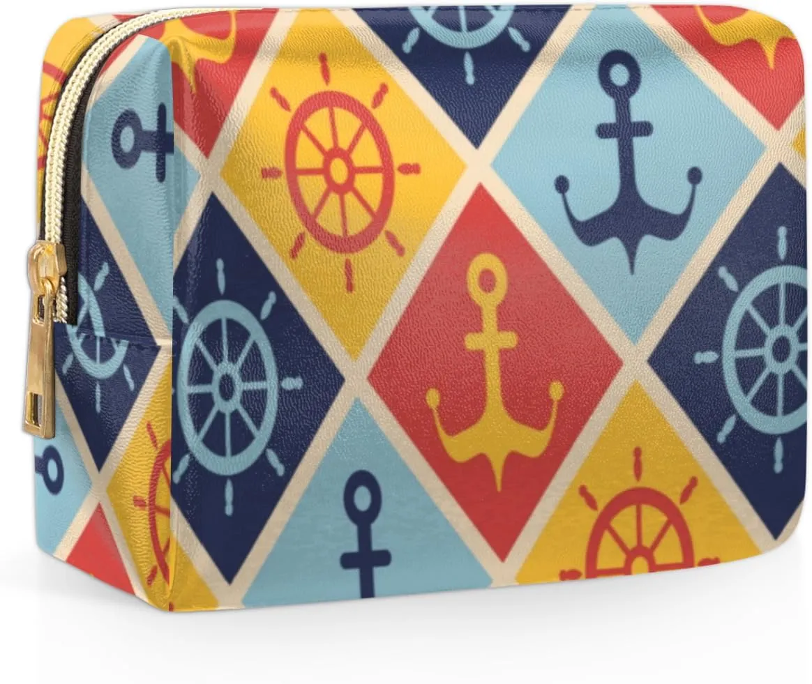 Maritime Mood Travel Makeup Bag Cosmetic Bags for Women Durable Portable Leather Waterproof Small Makeup Bag with 4 Pock for Christmas Birthday Gifts