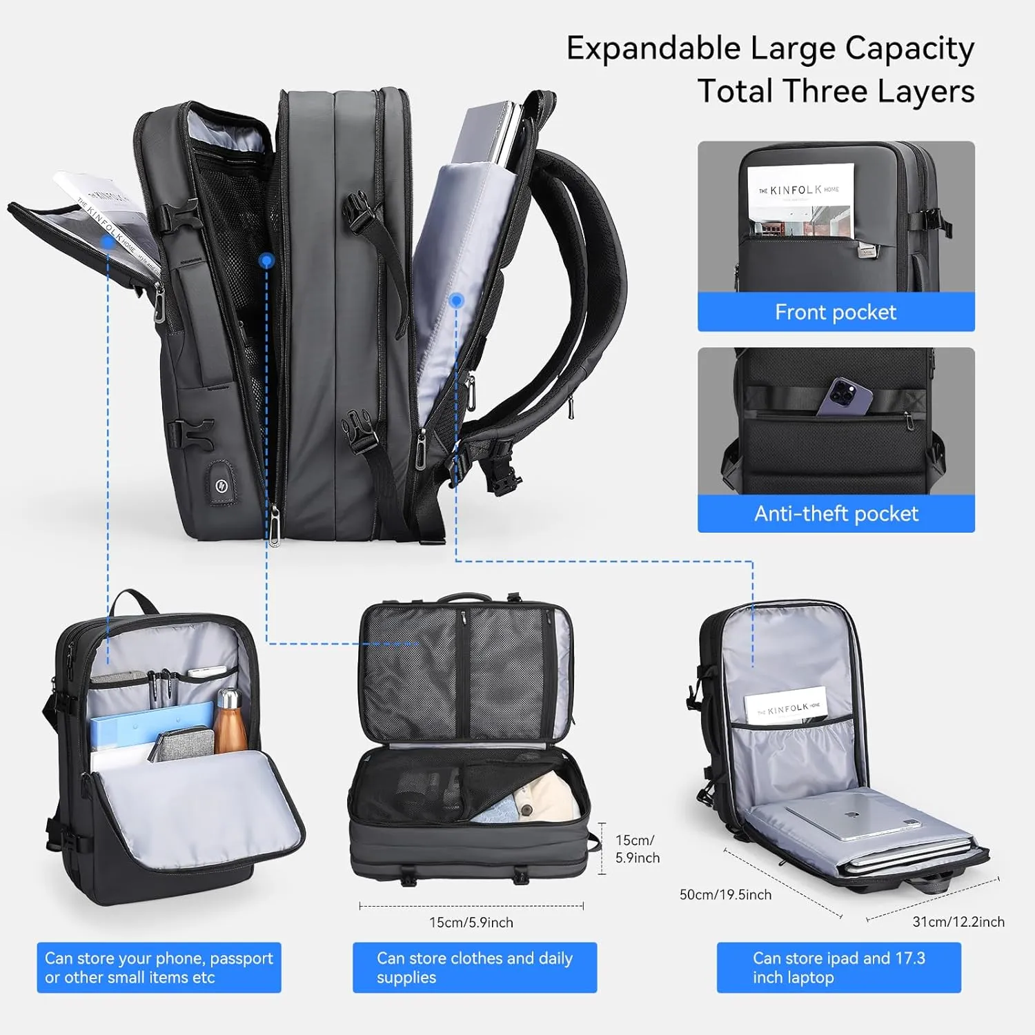 MARK RYDEN Travel Backpack for Men, 40L Airline Approved Carry on Backpack with USB Charging Port, 17.3 Inch Waterproof Business Laptop Backpack