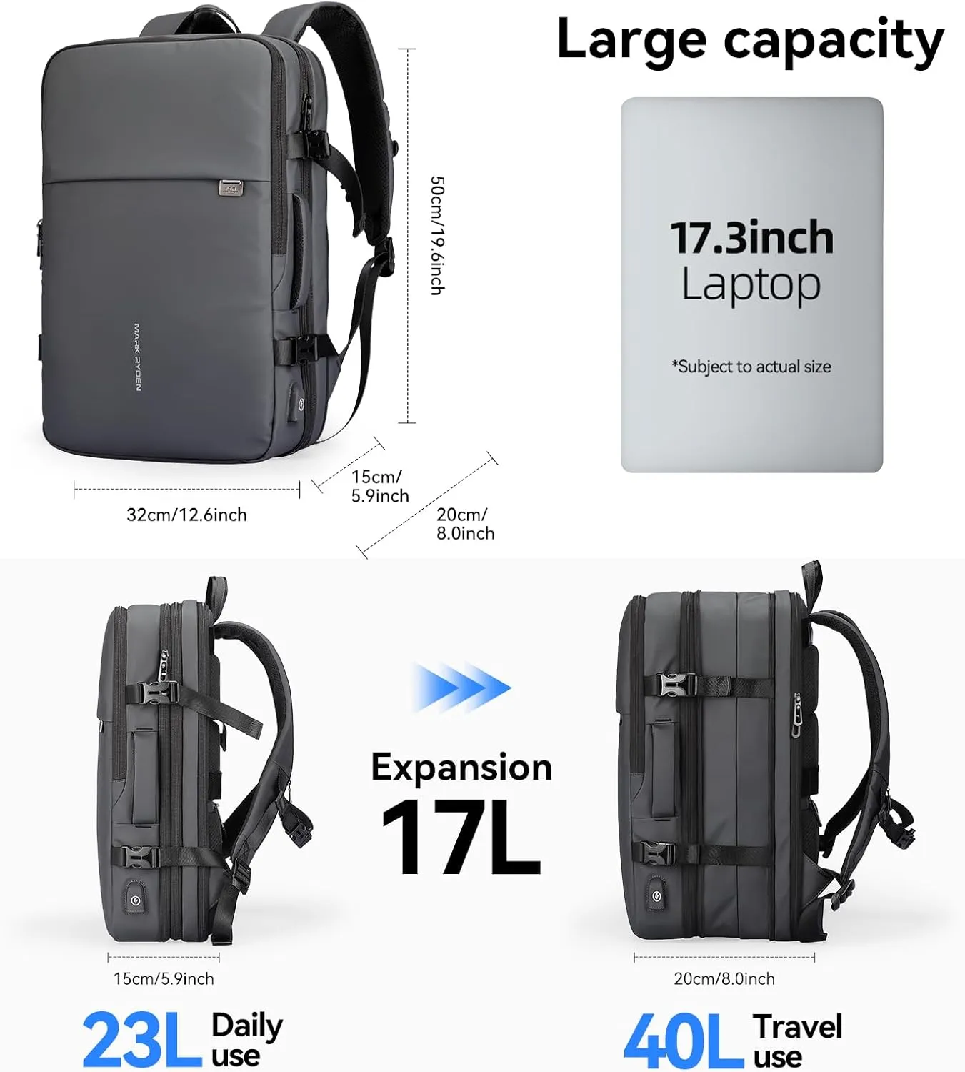 MARK RYDEN Travel Backpack for Men, 40L Airline Approved Carry on Backpack with USB Charging Port, 17.3 Inch Waterproof Business Laptop Backpack