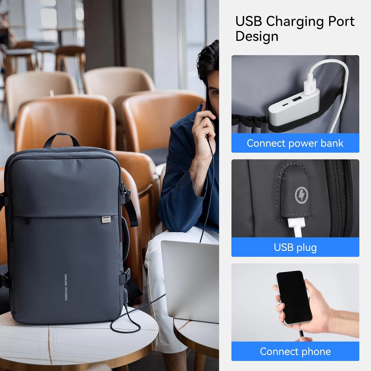 MARK RYDEN Travel Backpack for Men, 40L Airline Approved Carry on Backpack with USB Charging Port, 17.3 Inch Waterproof Business Laptop Backpack