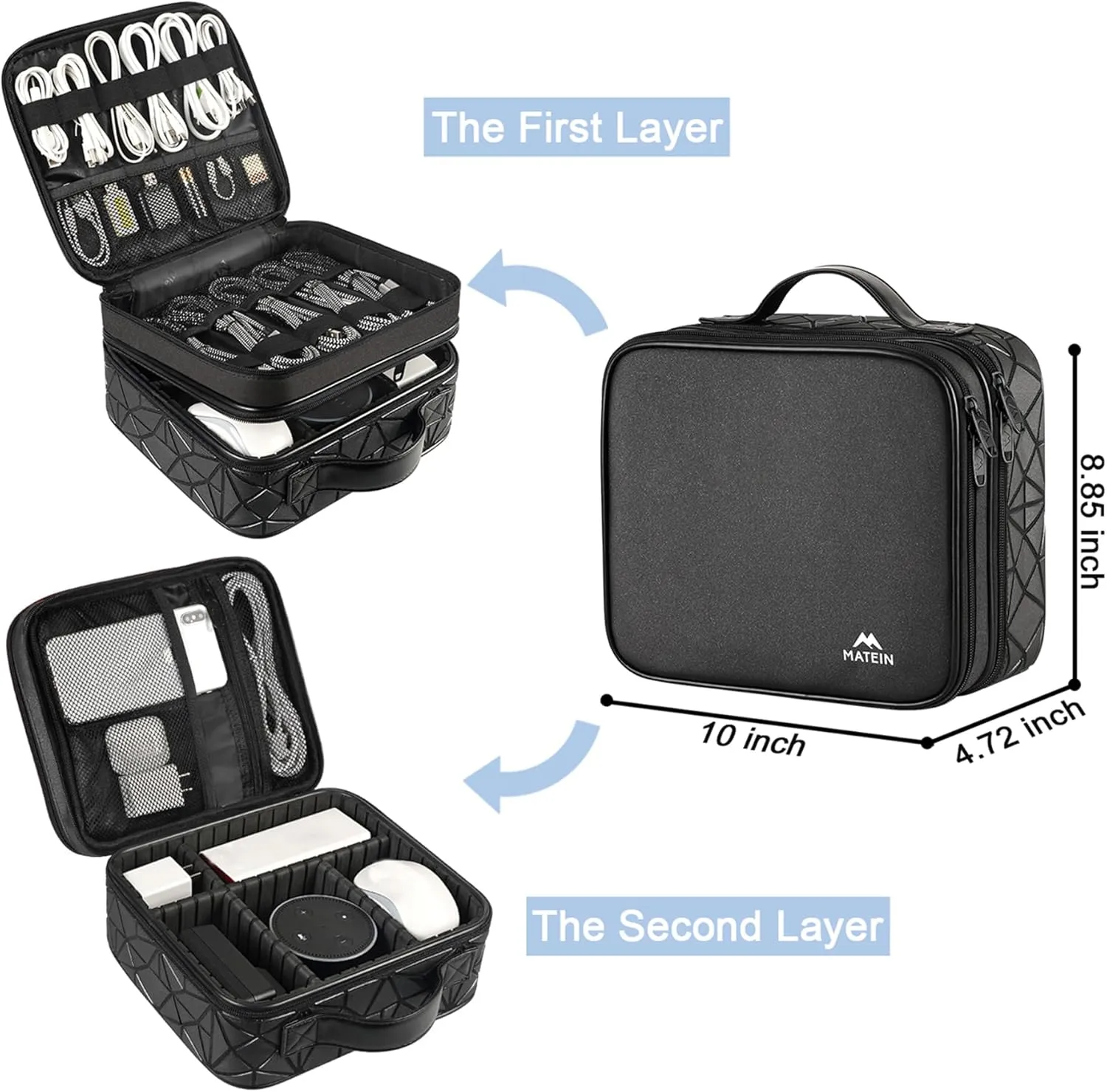 MATEIN Cable Organizer Bag, Waterproof Travel Electronic Storage with Adjustable Divider, Shockproof Portable Double Layer Tech Bag Carrying Case for Cord, Earbuds, Charger, SD Card, DJ Gifts, Black