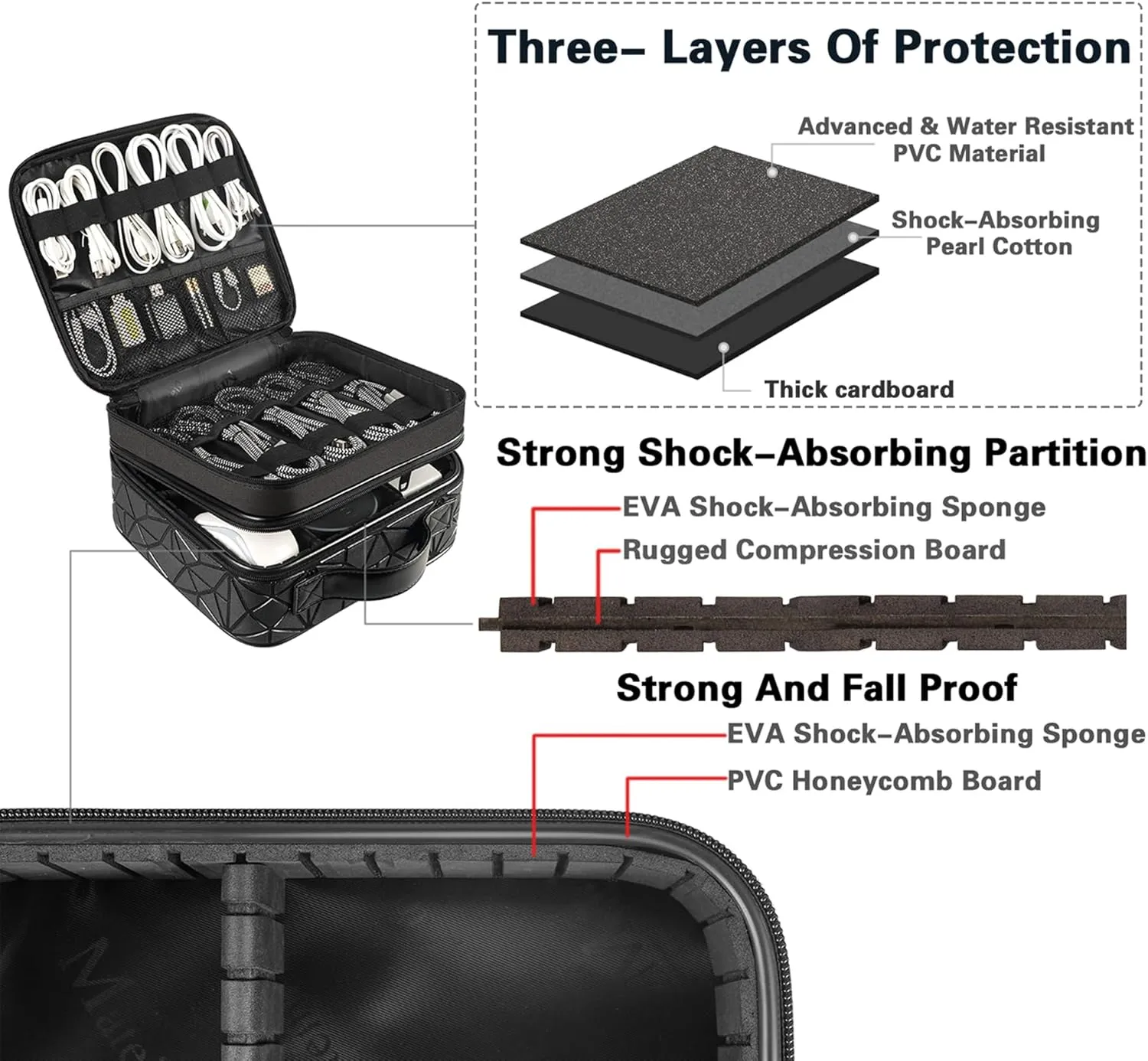 MATEIN Cable Organizer Bag, Waterproof Travel Electronic Storage with Adjustable Divider, Shockproof Portable Double Layer Tech Bag Carrying Case for Cord, Earbuds, Charger, SD Card, DJ Gifts, Black