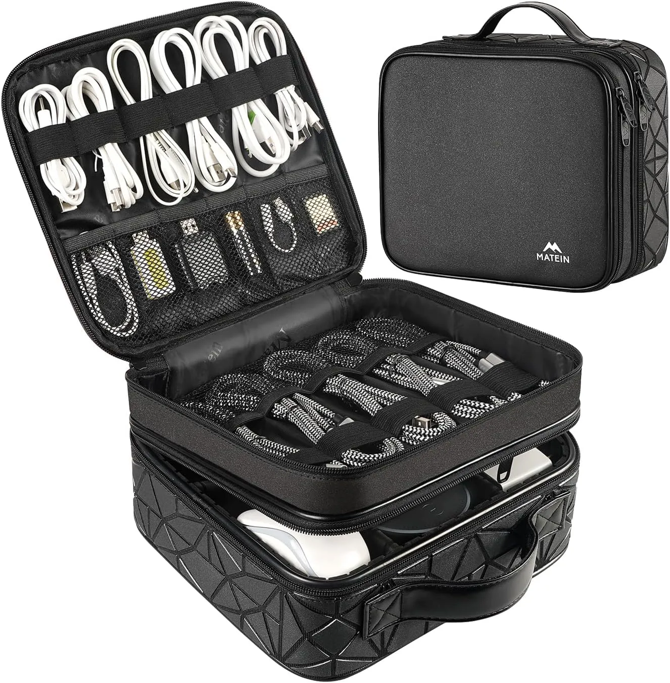 MATEIN Cable Organizer Bag, Waterproof Travel Electronic Storage with Adjustable Divider, Shockproof Portable Double Layer Tech Bag Carrying Case for Cord, Earbuds, Charger, SD Card, DJ Gifts, Black