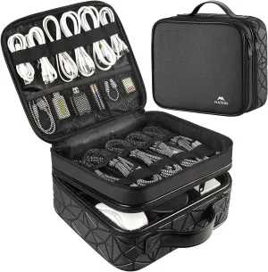 MATEIN Cable Organizer Bag, Waterproof Travel Electronic Storage with Adjustable Divider, Shockproof Portable Double Layer Tech Bag Carrying Case for Cord, Earbuds, Charger, SD Card, DJ Gifts, Black