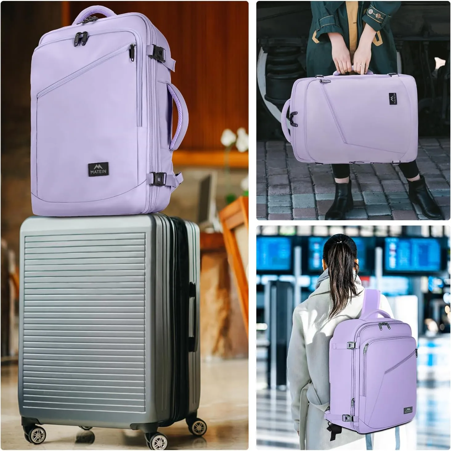 MATEIN Carry on Backpack for Women, 40L Heavy Duty Travel Backpack Airplane Approved, Expandable Simple Fashion Daypack, Frequent Traveler Gifts, Light Purple
