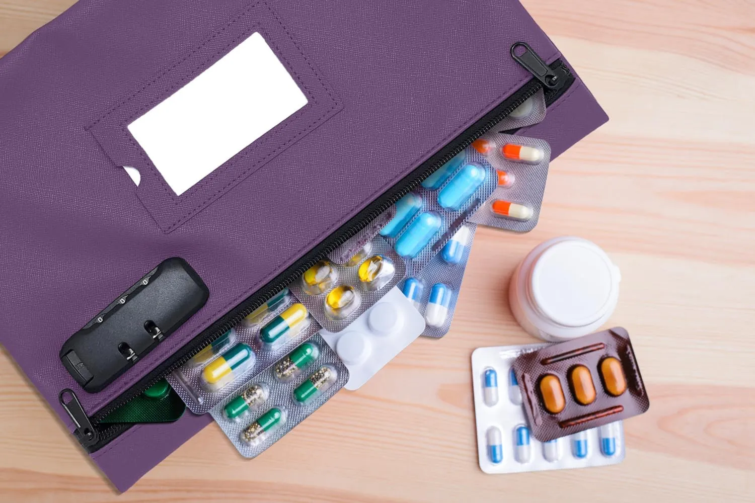 Medicine Bag | 12x8 Inch Med Bag | Medication Bag for Traveling | Locking Zipper Pouch Organizer (Purple)