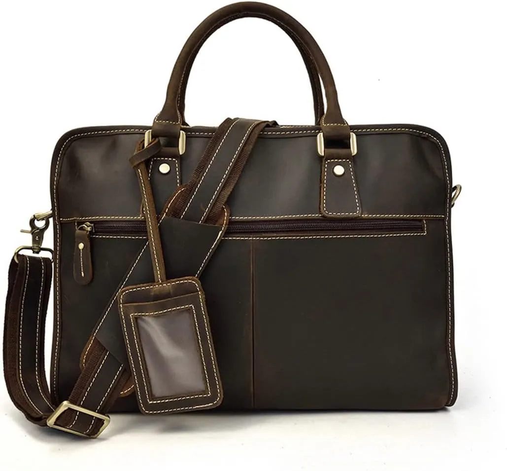 Men Briefcase Bag Genuine Cow Leather 15'' Laptop Business Totes Crazy Horse Leather Large Messenger Document Bag