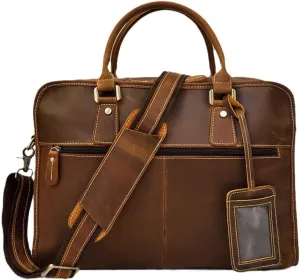 Men Briefcase Bag Genuine Cow Leather 15'' Laptop Business Totes Crazy Horse Leather Large Messenger Document Bag