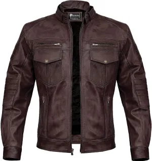 Men Cafe Racer Motorcycle Style Solid Color Leather Jacket Slim Fit Motorcycle Brown Leather Jacket Moto Rider Cafe Racer