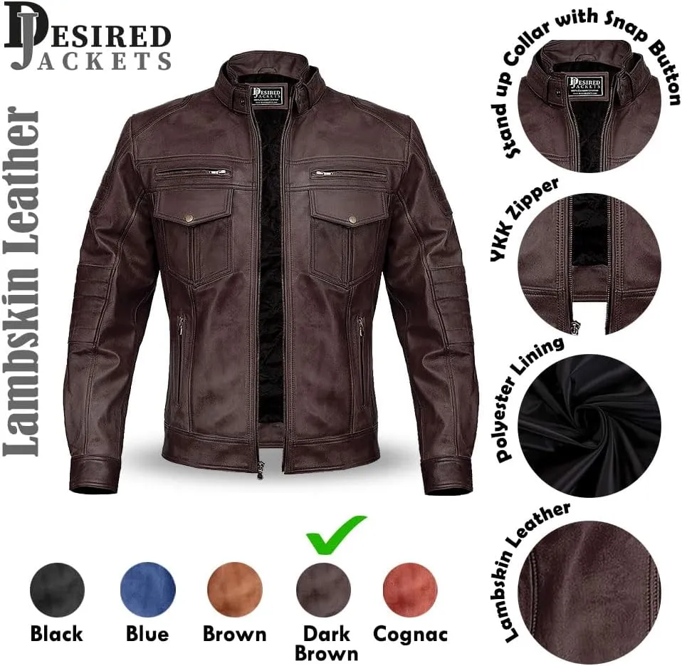 Men Cafe Racer Motorcycle Style Solid Color Leather Jacket Slim Fit Motorcycle Brown Leather Jacket Moto Rider Cafe Racer