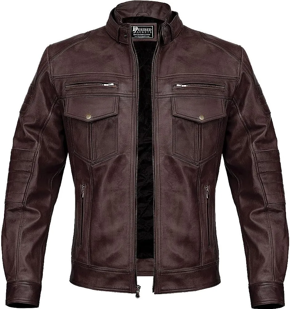 Men Cafe Racer Motorcycle Style Solid Color Leather Jacket Slim Fit Motorcycle Brown Leather Jacket Moto Rider Cafe Racer