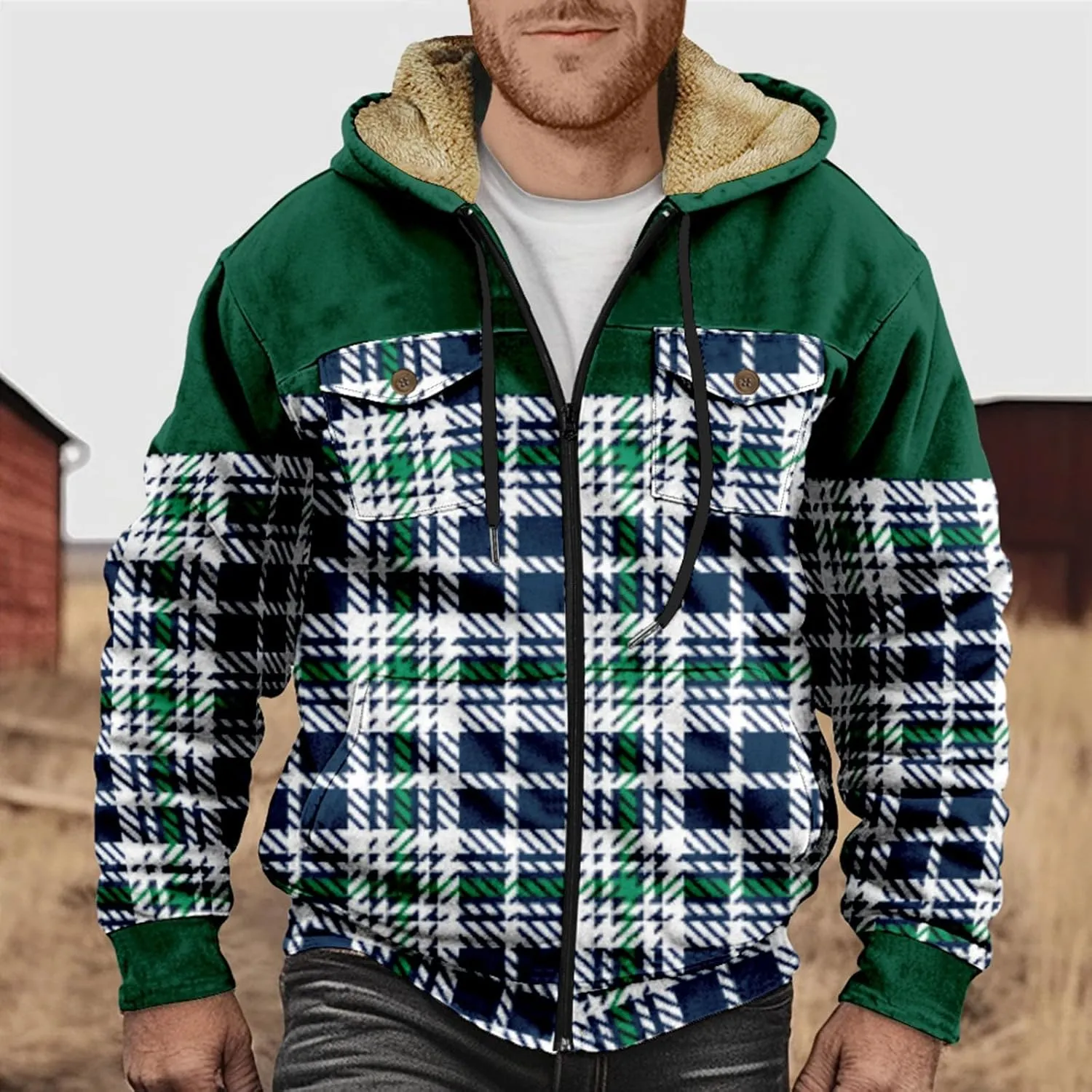 Men Coats Winter Long Sleeve Zipper Hoodies Sherpa Fleece Lined Vintage Print Jackets Fall Winter Coats