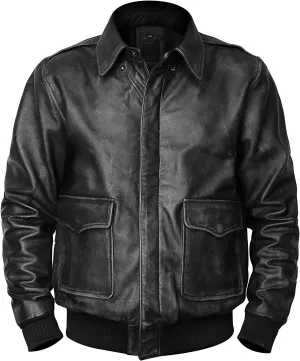 Mens A2 Aviator Jacket, Distressed Black Genuine Leather Jacket Men, WW2 Pilot Flight Air Force Flying Bomber Outerwear, X-Large