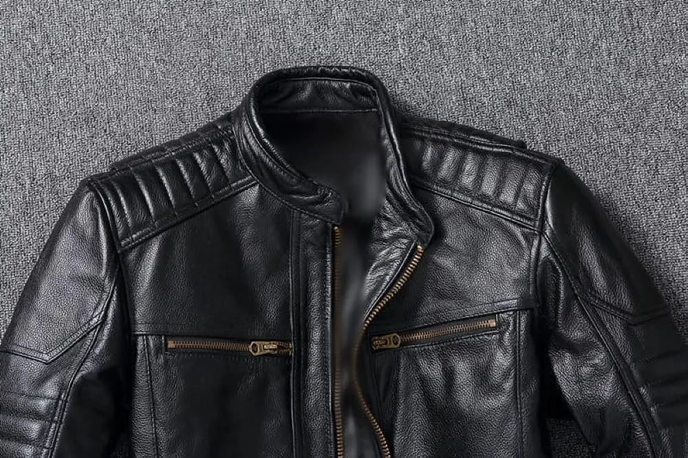 Men’s Black Vintage Genuine Cowhide Biker Quilted Shoulders Motorcycle Rider Slim Fit Leather Jacket