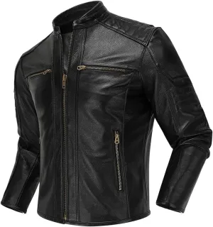 Men’s Black Vintage Genuine Cowhide Biker Quilted Shoulders Motorcycle Rider Slim Fit Leather Jacket