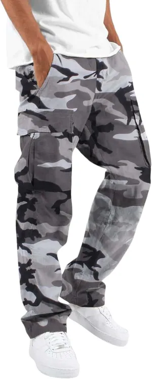 Men's Camo Cargo Pants Summer Training Workout Running Sweatpants Loose Fit Elastic Waist Wide Leg Pants with Pockets
