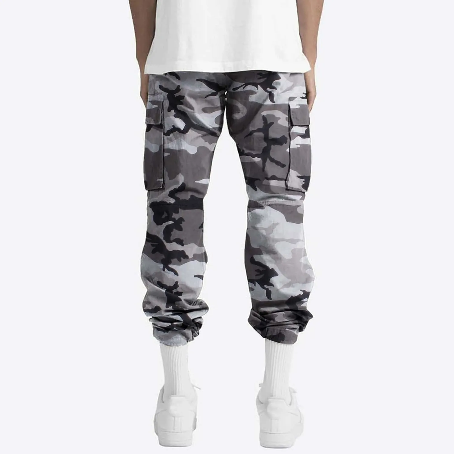 Men's Camo Cargo Pants Summer Training Workout Running Sweatpants Loose Fit Elastic Waist Wide Leg Pants with Pockets