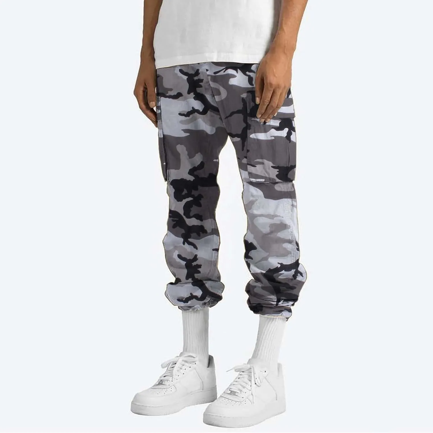 Men's Camo Cargo Pants Summer Training Workout Running Sweatpants Loose Fit Elastic Waist Wide Leg Pants with Pockets