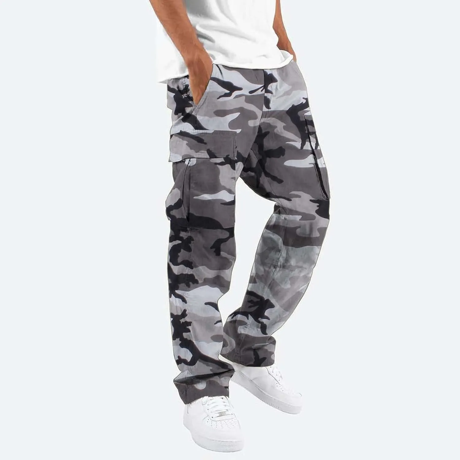 Men's Camo Cargo Pants Summer Training Workout Running Sweatpants Loose Fit Elastic Waist Wide Leg Pants with Pockets