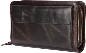 Mens Clutch Bag Brown Men's Long Leather Wallet First Layer Cowhide Fashion Clutch Double Zipper Unisex Business Bag