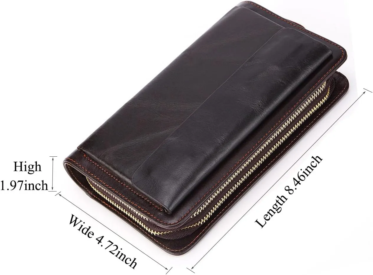 Mens Clutch Bag Brown Men's Long Leather Wallet First Layer Cowhide Fashion Clutch Double Zipper Unisex Business Bag