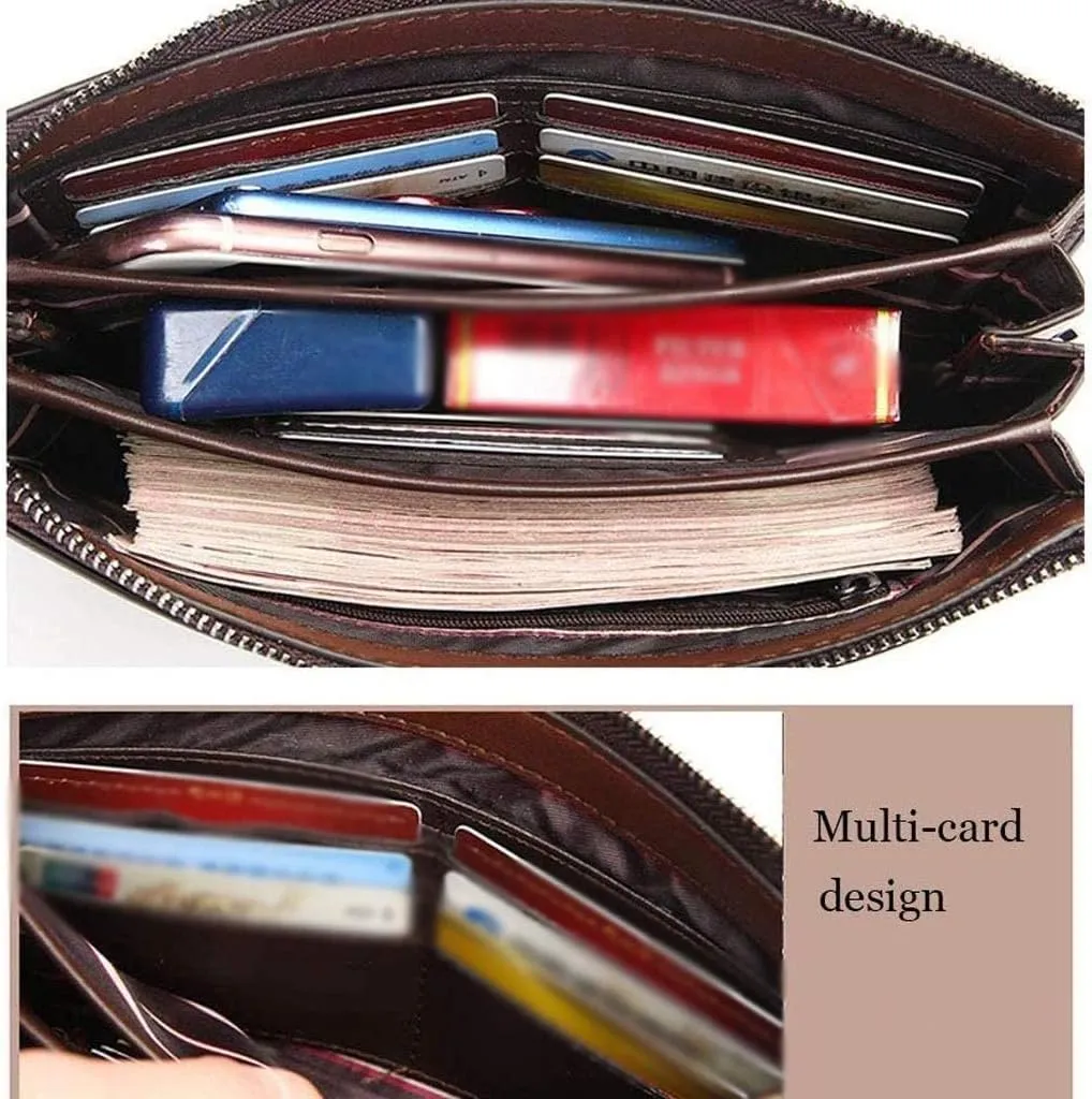Mens Clutch Bag Handbag Leather Purse Zipper Long Wallet Business Hand Clutch Phone Holder