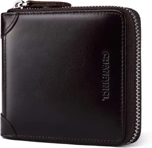Mens Genuine Leather Zipper Wallet RFID Secure Large Capacity Double Fold Multi-card Leather Wallets for Men and coin purse