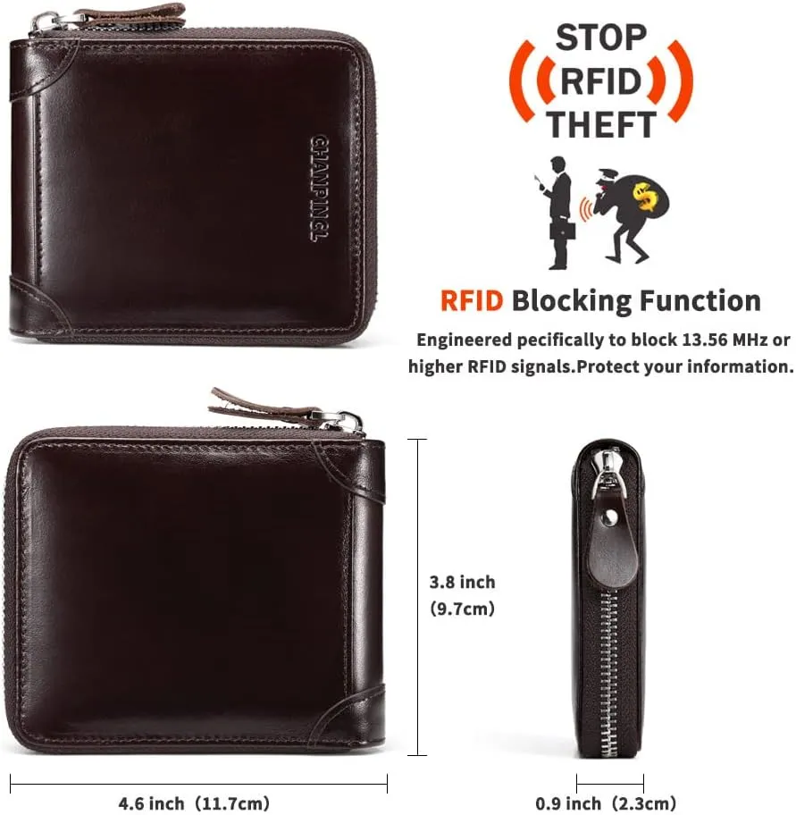 Mens Genuine Leather Zipper Wallet RFID Secure Large Capacity Double Fold Multi-card Leather Wallets for Men and coin purse