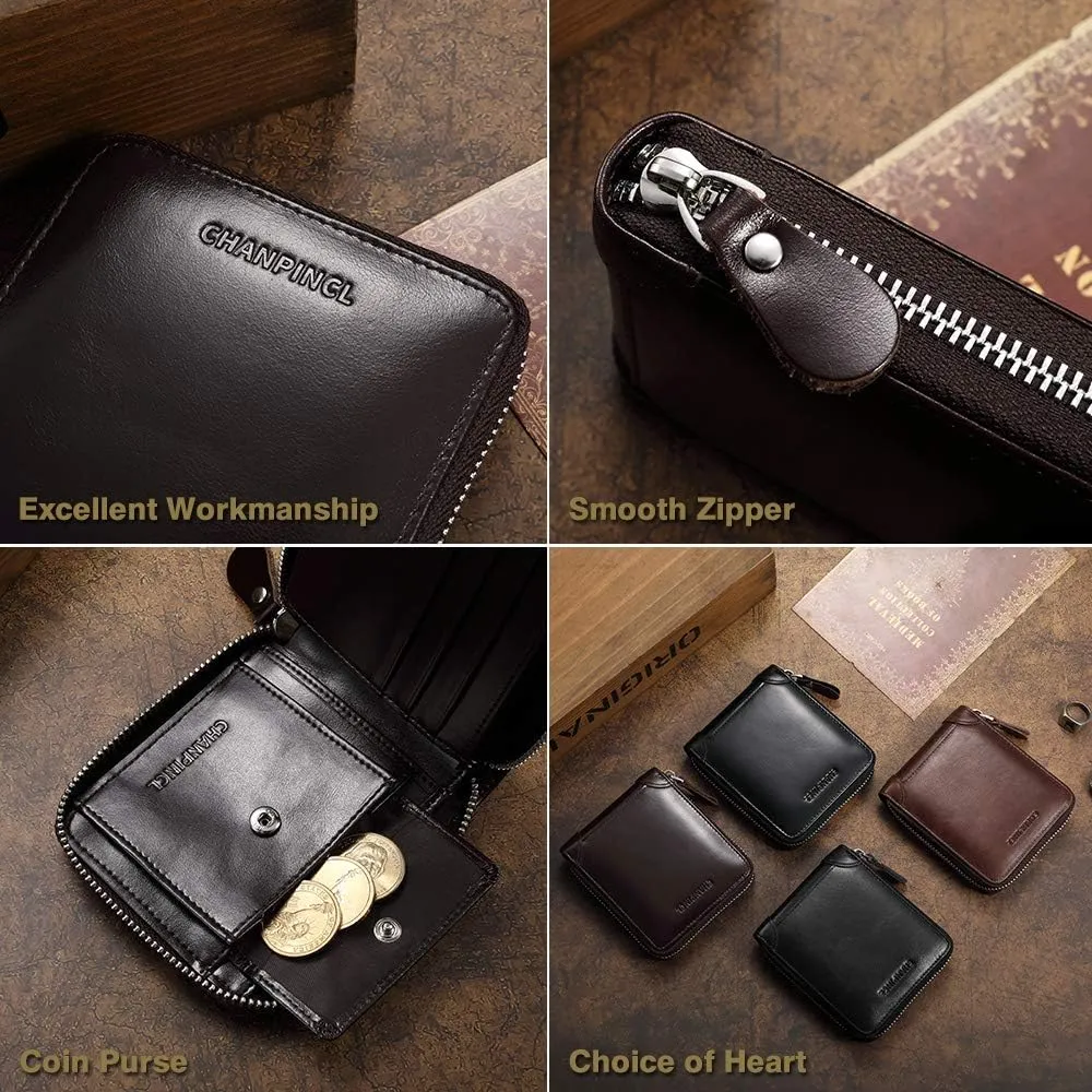 Mens Genuine Leather Zipper Wallet RFID Secure Large Capacity Double Fold Multi-card Leather Wallets for Men and coin purse