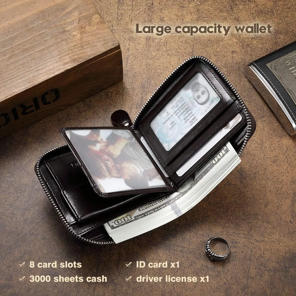 Mens Genuine Leather Zipper Wallet RFID Secure Large Capacity Double Fold Multi-card Leather Wallets for Men and coin purse
