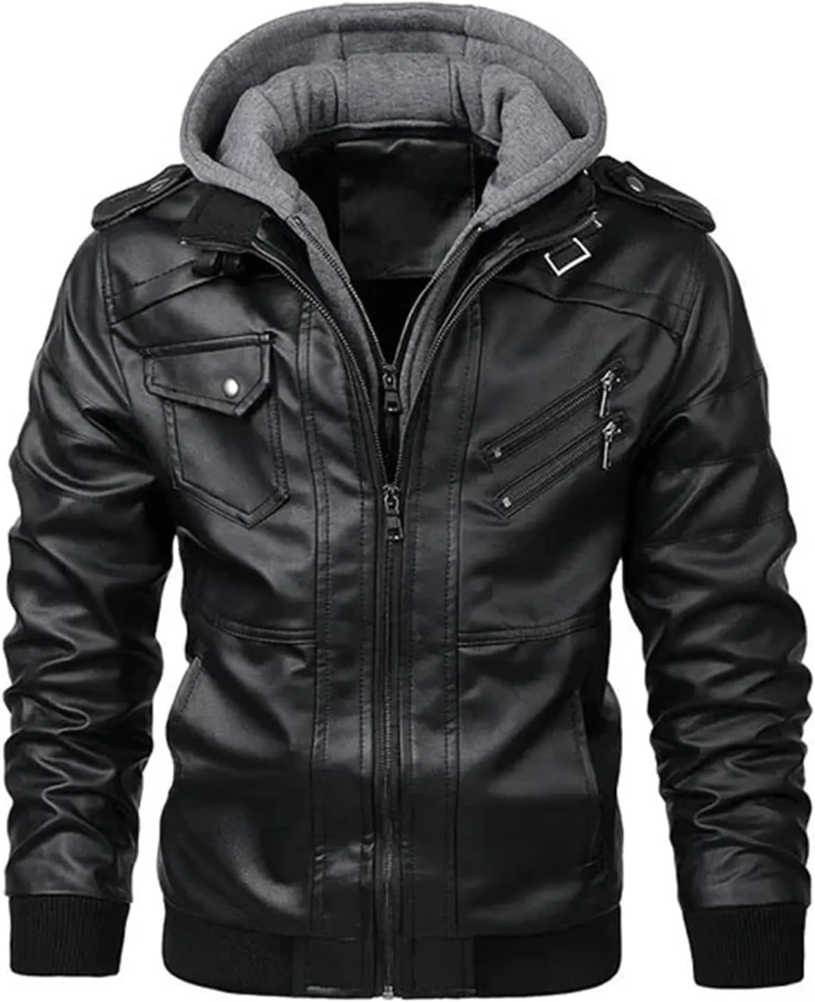 Men's Lapel Zipper Hooded Leather Jacket Casual Motorcycle Rider Leather Jacket With Multiple Pockets