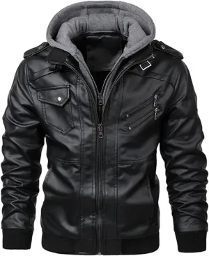 Men's Lapel Zipper Hooded Leather Jacket Casual Motorcycle Rider Leather Jacket With Multiple Pockets