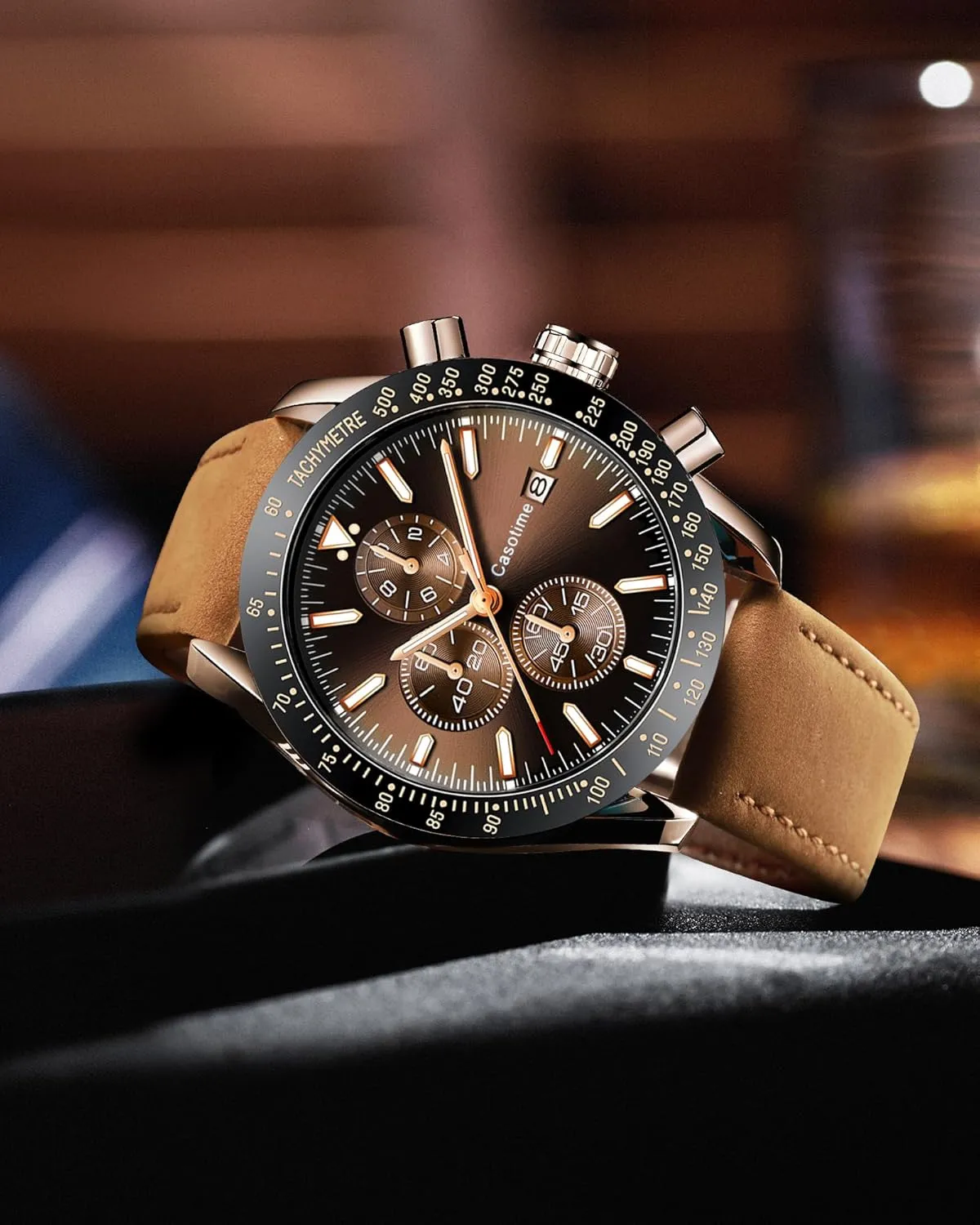 Men's Leather Band Chronograph Watch - 30M Waterproof Big Face Analog Quartz Date - Work Sport Casual Classical Fashion Designer Dress Wrist Watch - Elegant Gift for Men
