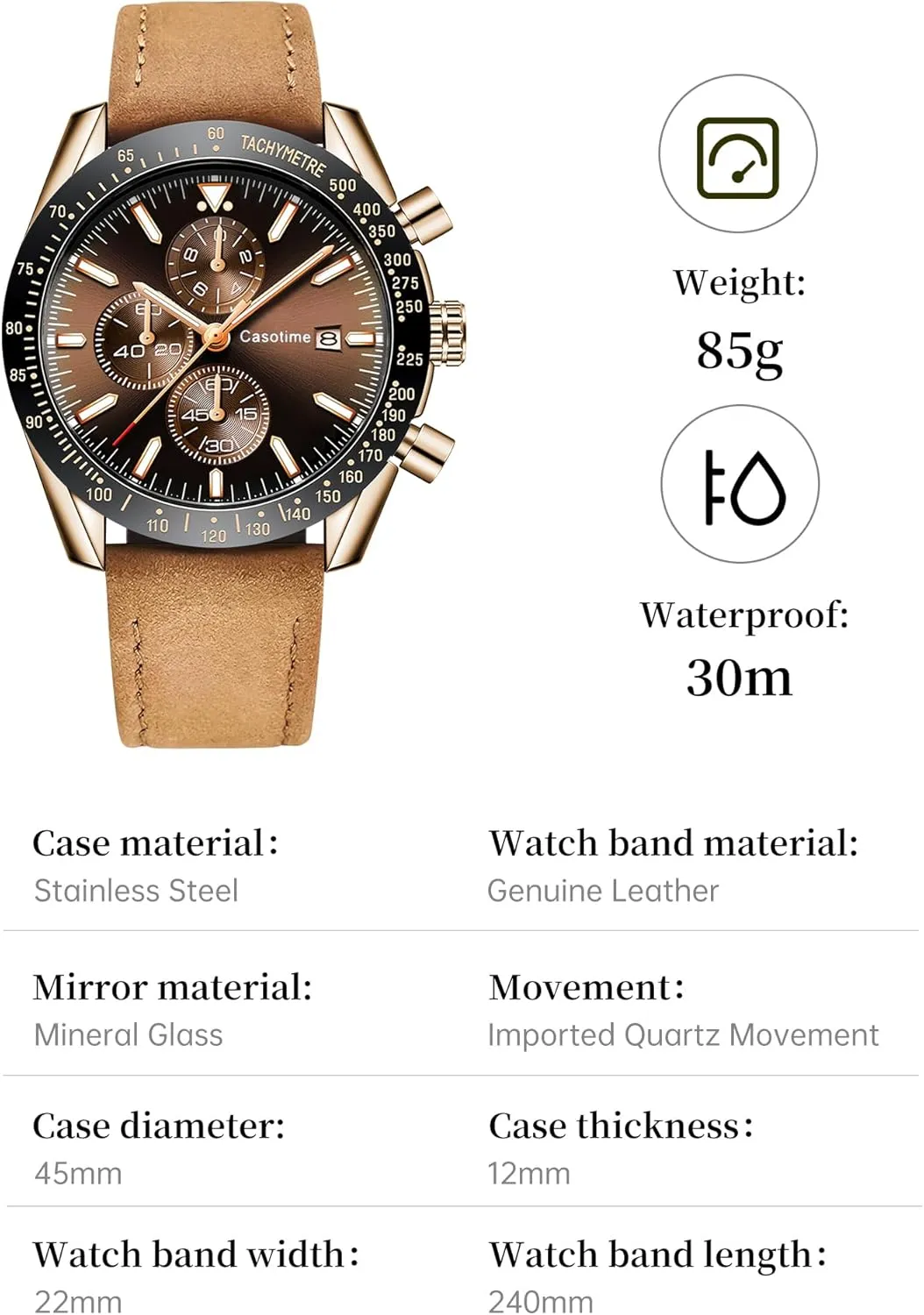 Men's Leather Band Chronograph Watch - 30M Waterproof Big Face Analog Quartz Date - Work Sport Casual Classical Fashion Designer Dress Wrist Watch - Elegant Gift for Men