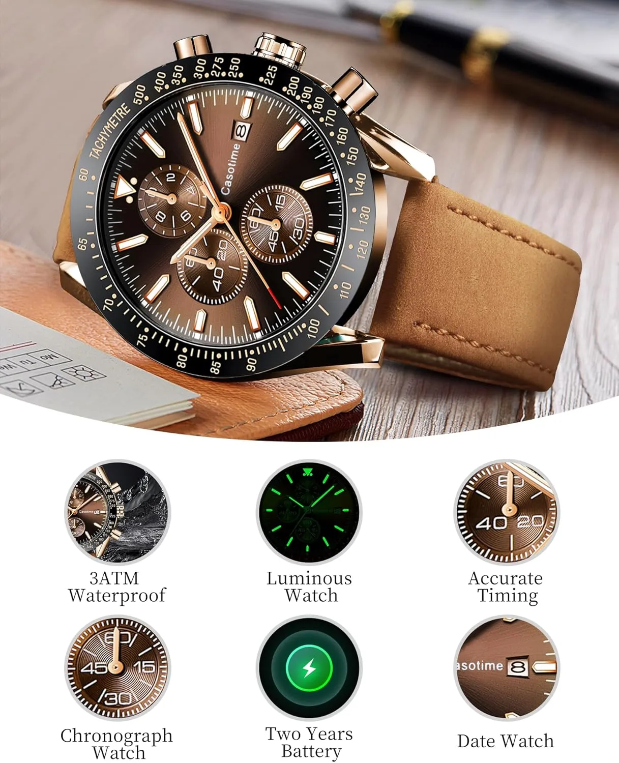 Men's Leather Band Chronograph Watch - 30M Waterproof Big Face Analog Quartz Date - Work Sport Casual Classical Fashion Designer Dress Wrist Watch - Elegant Gift for Men