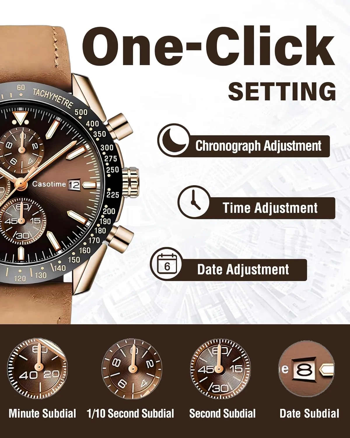 Men's Leather Band Chronograph Watch - 30M Waterproof Big Face Analog Quartz Date - Work Sport Casual Classical Fashion Designer Dress Wrist Watch - Elegant Gift for Men
