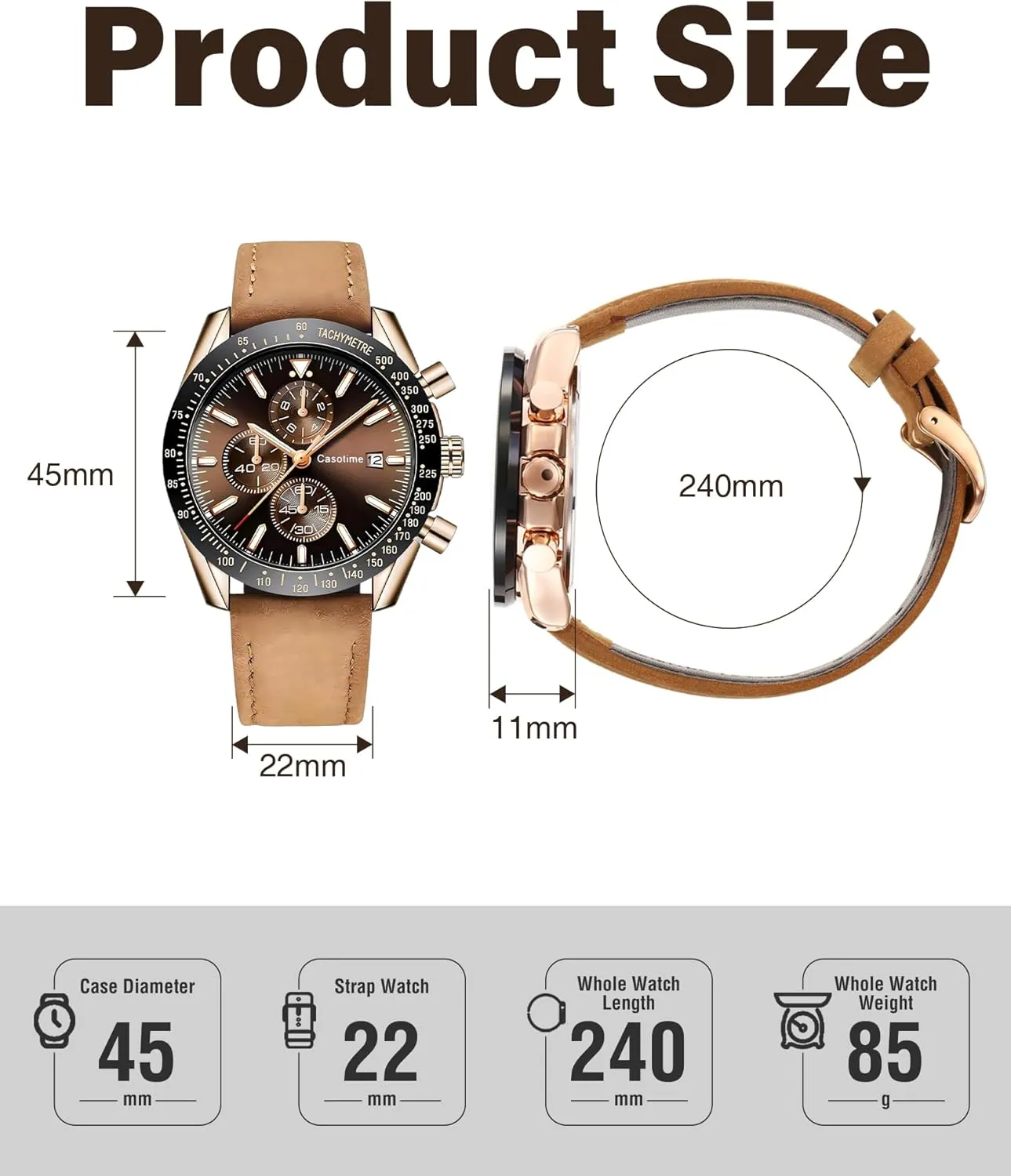 Men's Leather Band Chronograph Watch - 30M Waterproof Big Face Analog Quartz Date - Work Sport Casual Classical Fashion Designer Dress Wrist Watch - Elegant Gift for Men