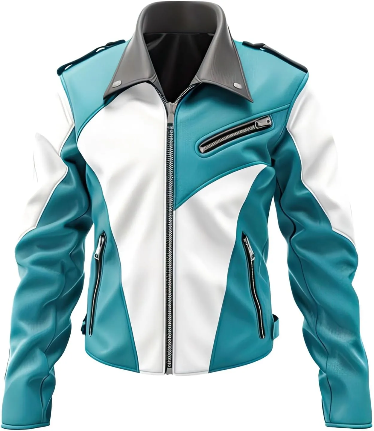 Men’s Turquoise Blue White Genuine Sheepskin Shirt Collar Casual Classy Outfit Motor Biker Slim Fit Rider Leather Jacket