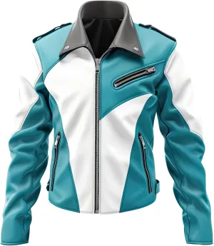 Men’s Turquoise Blue White Genuine Sheepskin Shirt Collar Casual Classy Outfit Motor Biker Slim Fit Rider Leather Jacket