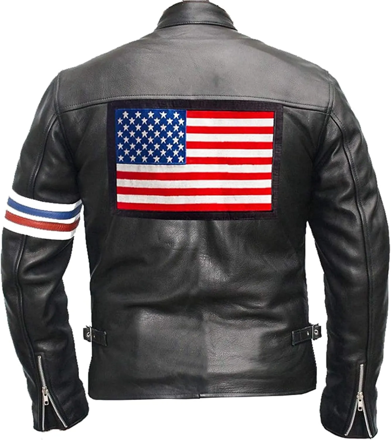 Men’s Vintage Cafe Racer Easy Motorcycle Rider American Star USA Flag Biker Black Leather Jacket