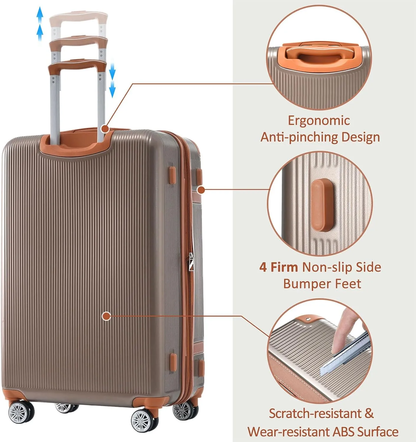 Merax 3 Piece Luggage Set, ABS Hardshell Suitcase with Spinner Wheels and TSA Lock, Lightweight Expandable Suitcase Set, 20” 24” 28”, Coppery