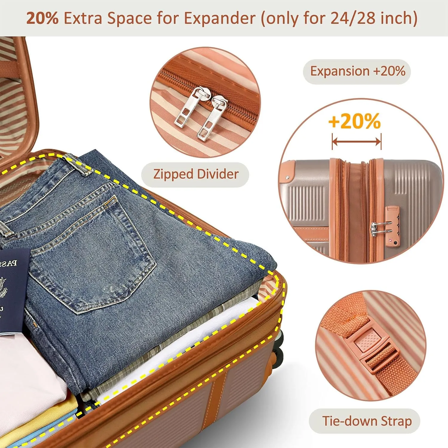 Merax 3 Piece Luggage Set, ABS Hardshell Suitcase with Spinner Wheels and TSA Lock, Lightweight Expandable Suitcase Set, 20” 24” 28”, Coppery
