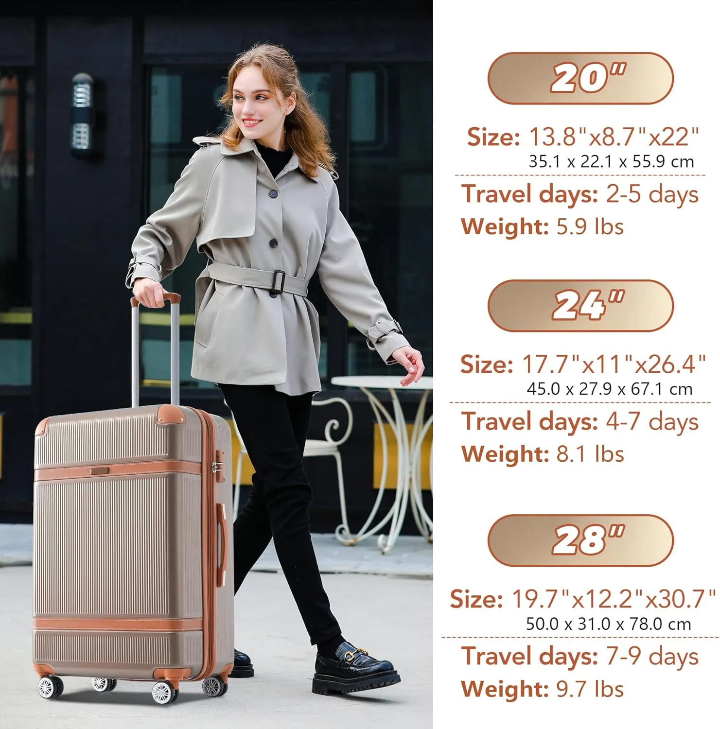 Merax 3 Piece Luggage Set, ABS Hardshell Suitcase with Spinner Wheels and TSA Lock, Lightweight Expandable Suitcase Set, 20” 24” 28”, Coppery